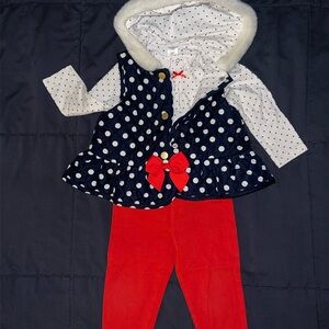 Little Me 18 Month 3 piece Vest Pants Shirt White Navy Polka Dot Outfit bow girl